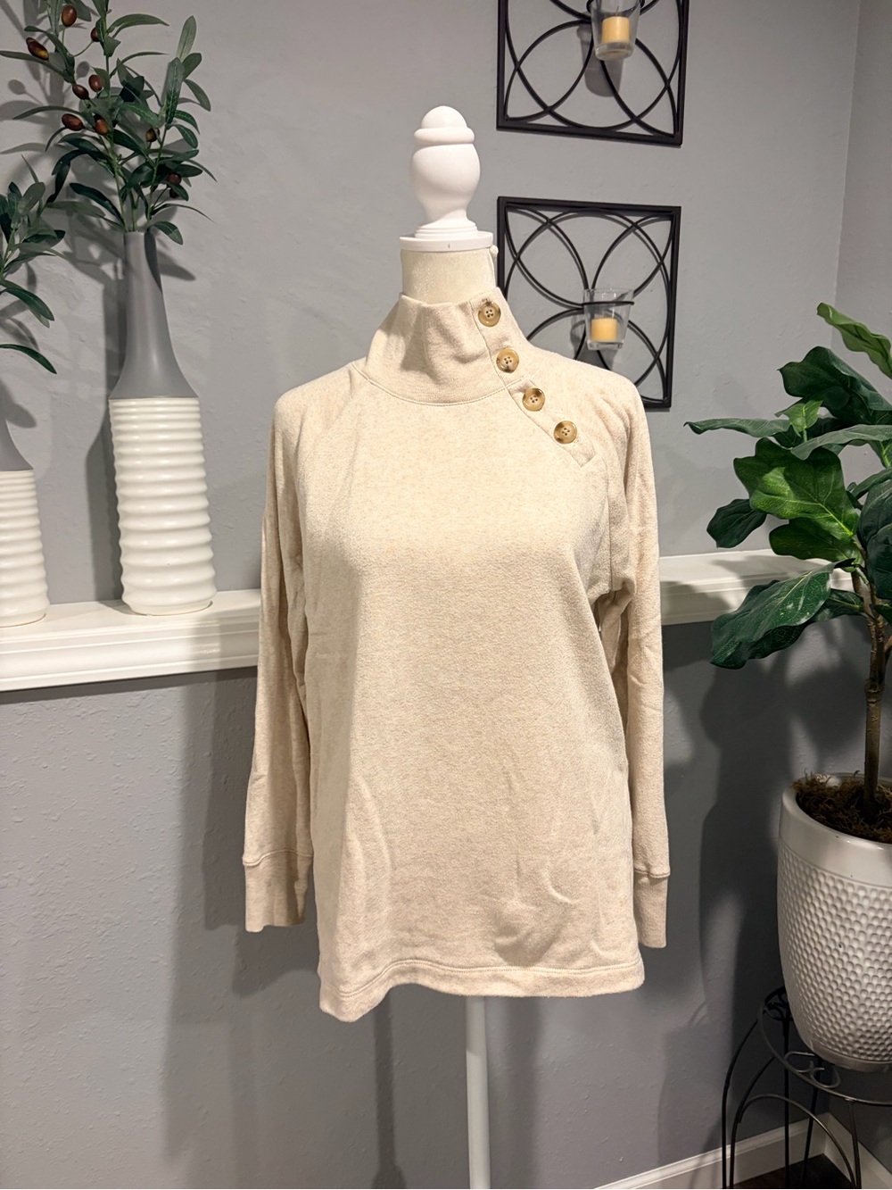 J. Crew Cream Button-Shoulder Mock Neck Sweatshirt